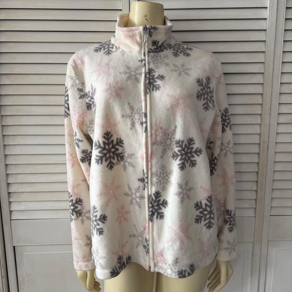 Women's C & B Sport Fleece Jacket Size L White Pink Snowflake Print